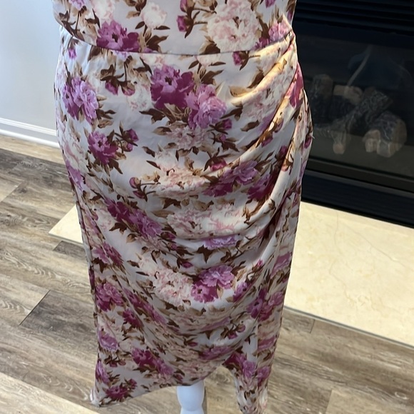 Floral Print Cowl Neck Ruched Spaghetti Strap Satin Slit Party Dress size Med - Picture 7 of 17